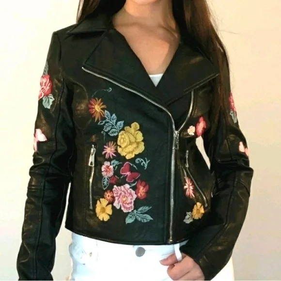 Romeo & Juliet Couture small Moto jacket black Faux Leather embroidered flowers - Picture 13 of 16